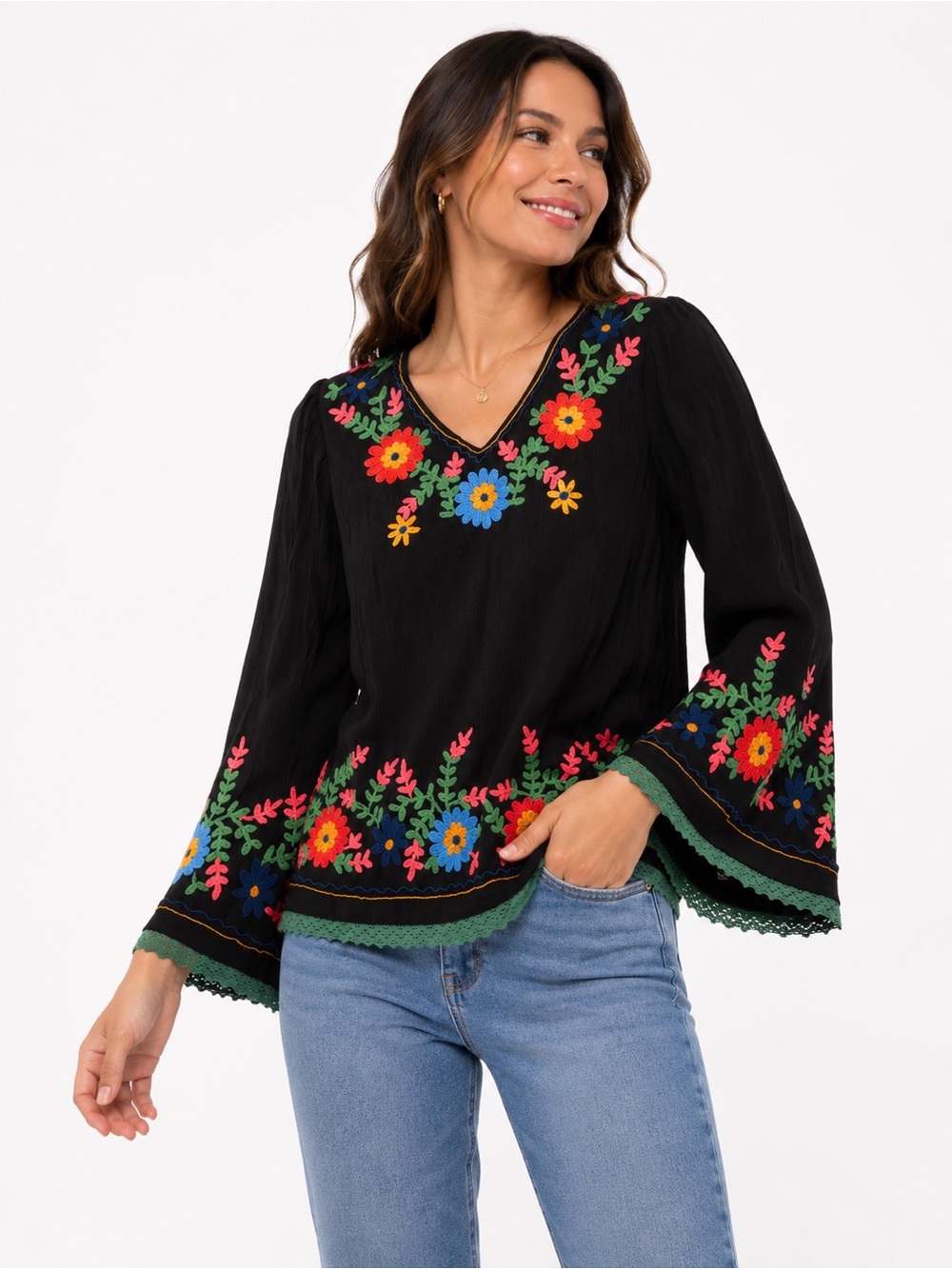 Impressions Size Large Black Floral Embroidered‎ Boho Tunic Shirt Bell Sleeve